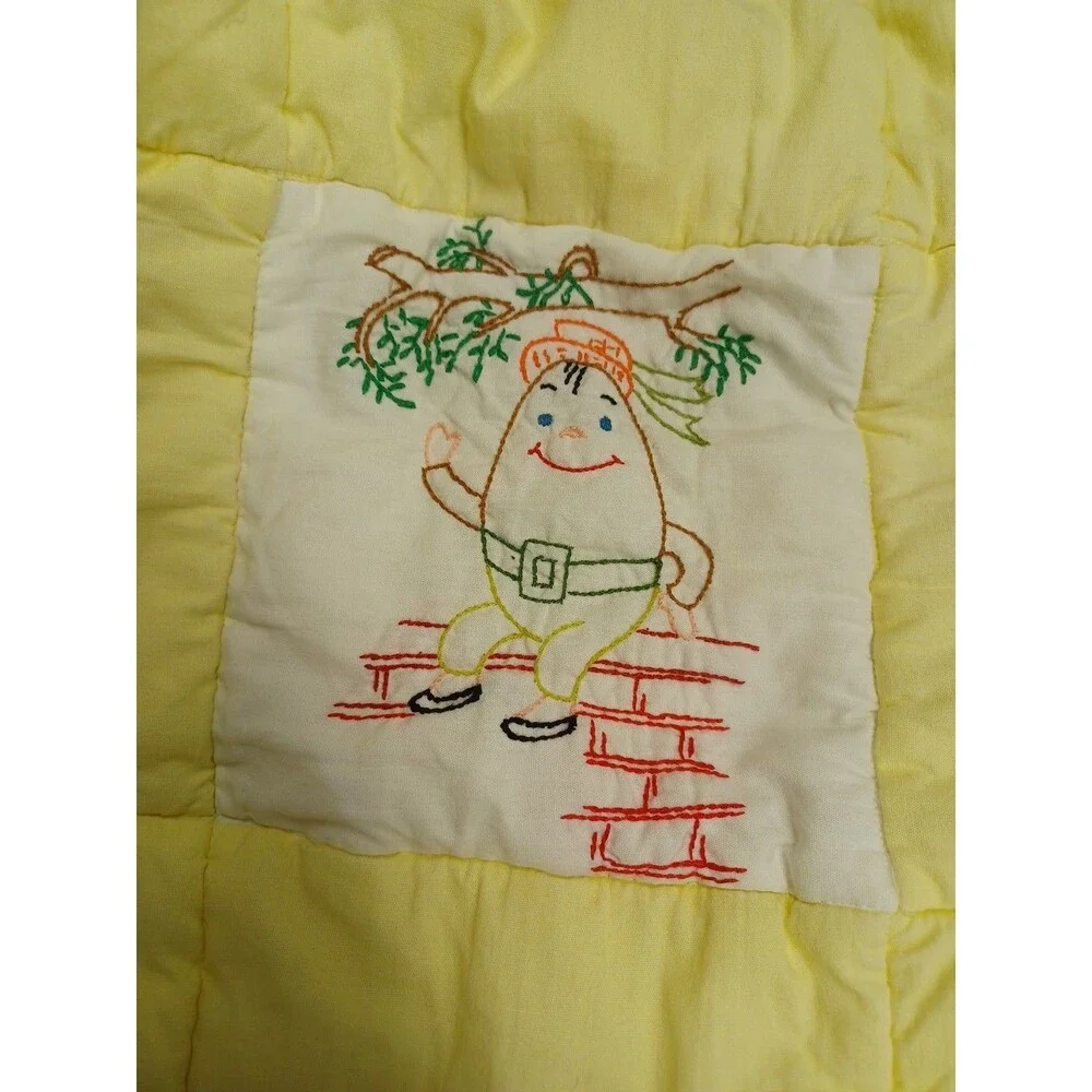 Vtg 70's Quilted Baby Crib Quilt Yellow Animals Embroidery Unisex 48x30